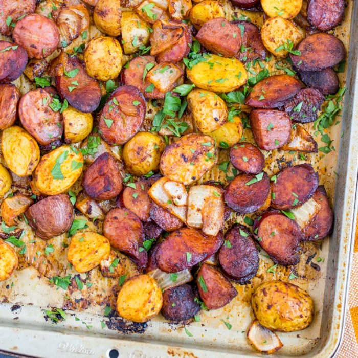 Sheet pan smoked sausage apple and root veggie dinner