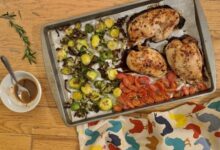 Sheet pan chicken and veggies with mustard vinaigrette