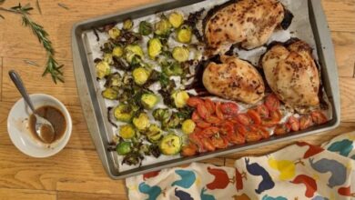 Sheet pan chicken and veggies with mustard vinaigrette