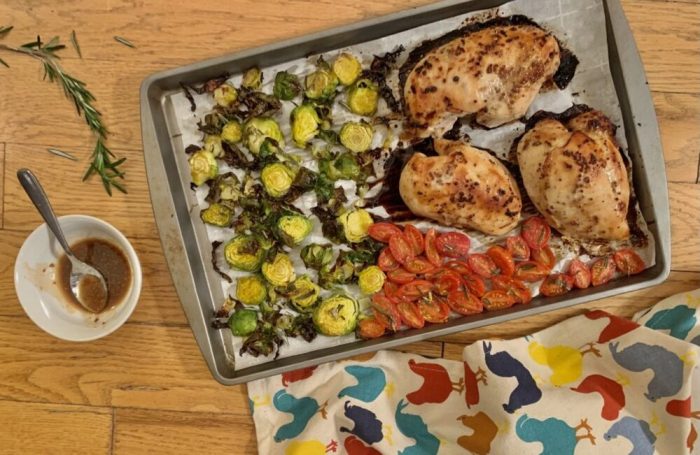 Sheet pan chicken and veggies with mustard vinaigrette