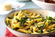 Baked asparagus and mushroom pasta