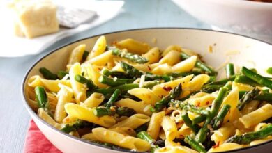 Baked asparagus and mushroom pasta