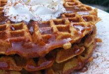 Pumpkin waffles with apple cider syrup