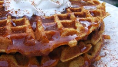 Pumpkin waffles with apple cider syrup