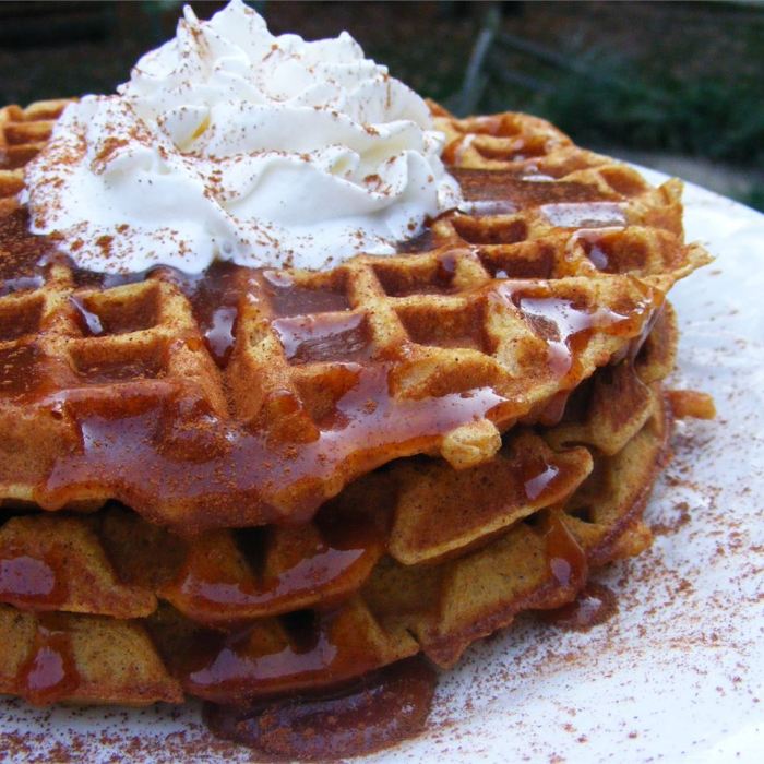 Pumpkin waffles with apple cider syrup