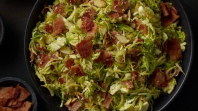 Shaved brussels sprouts with bacon and almonds