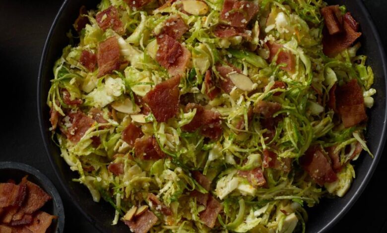 Shaved brussels sprouts with bacon and almonds