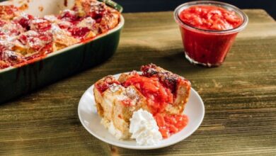 Fresh rhubarb bread pudding