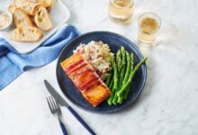 Bacon wrapped bourbon marinated salmon