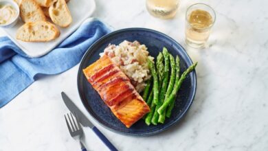 Bacon wrapped bourbon marinated salmon