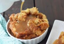 Bread pudding with caramel sauce