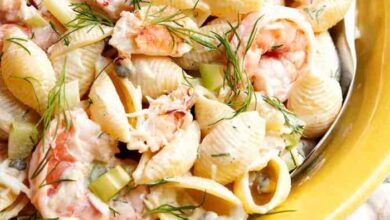 Shrimp pasta salad with a creamy lemon dressing