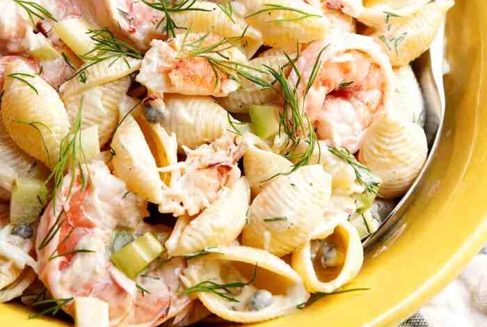 Shrimp pasta salad with a creamy lemon dressing