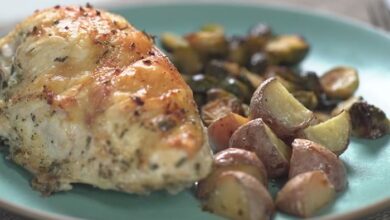 Pan roasted chicken with lemon garlic brussels sprouts and potatoes