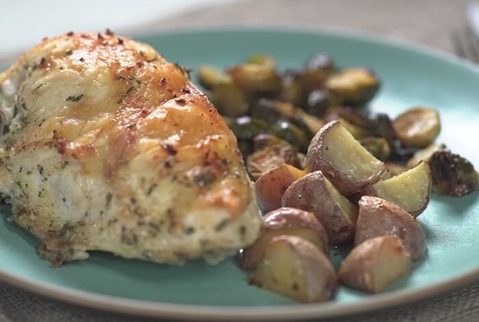 Pan roasted chicken with lemon garlic brussels sprouts and potatoes