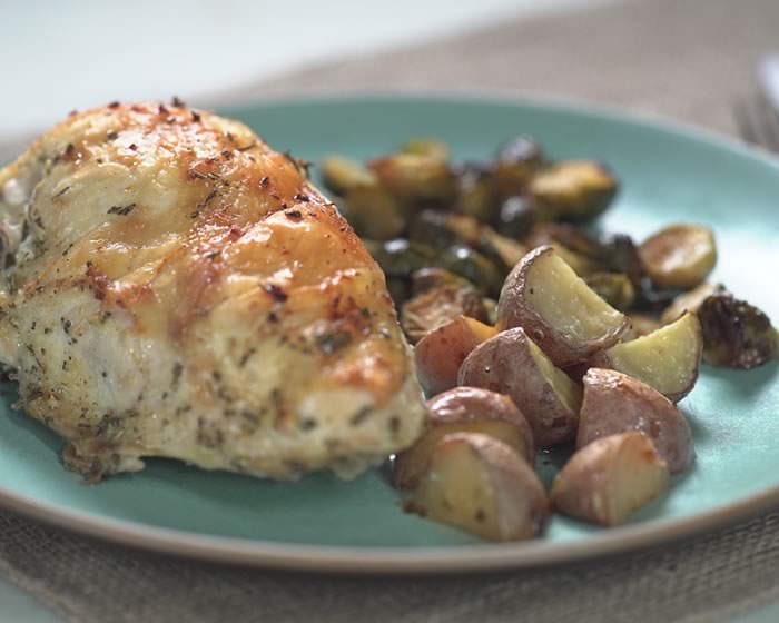 Pan roasted chicken with lemon garlic brussels sprouts and potatoes