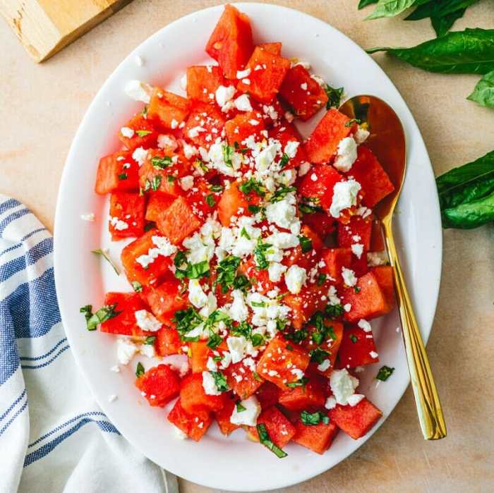 Watermelon and feta salad with arugula and spinach