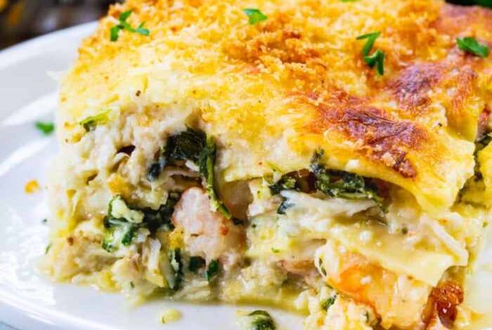 Seafood lasagna with crab and shrimp