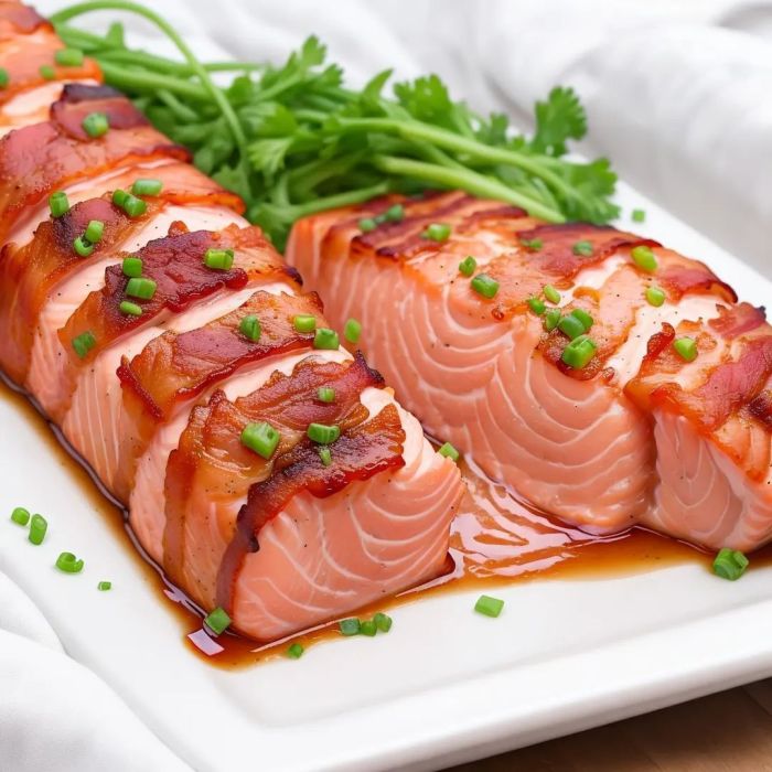 Bacon wrapped bourbon marinated salmon