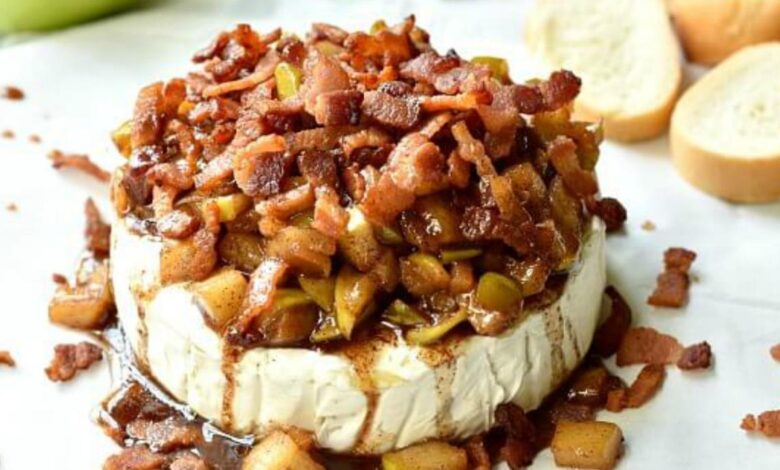 Baked brie with maple caramelized apples and spiced praline bacon