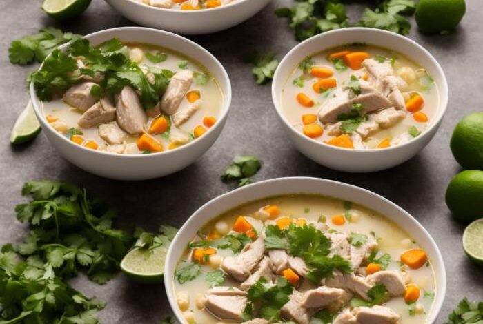 Chicken and hominy soup with lime and cilantro