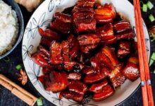 Slow cooked red braised pork belly