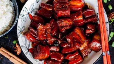 Slow cooked red braised pork belly