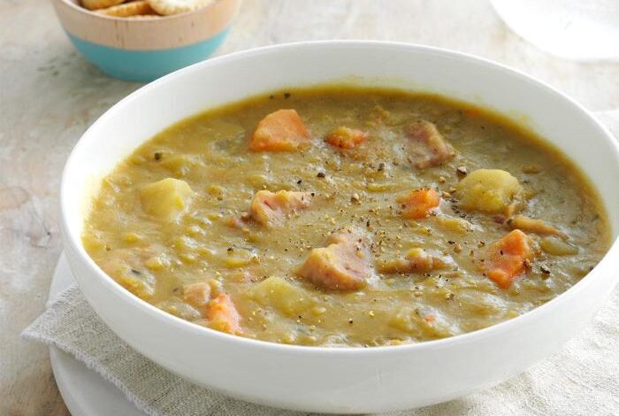 Slow cooker split pea soup with bacon and hash browns