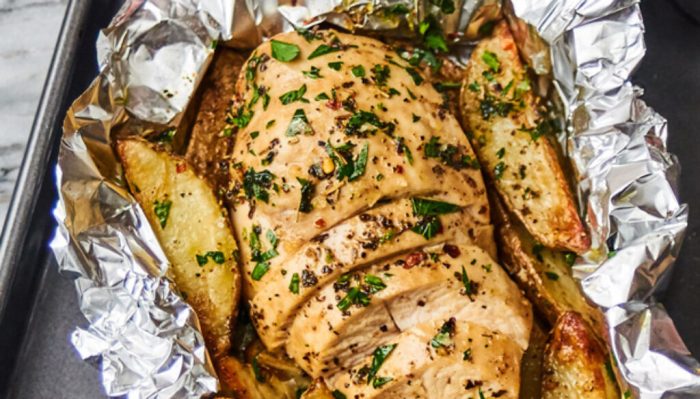 Grilled chicken and potato foil packs