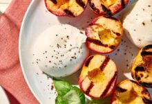 Peaches with burrata basil and raspberry balsamic syrup