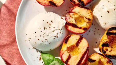 Peaches with burrata basil and raspberry balsamic syrup