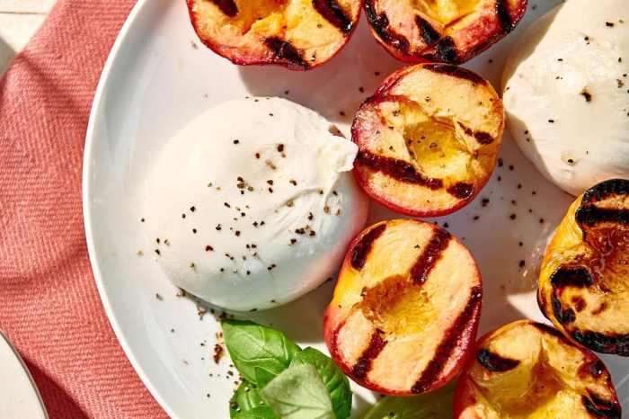 Peaches with burrata basil and raspberry balsamic syrup