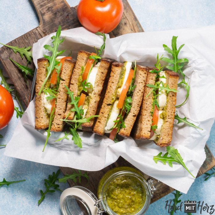 Basil tomato and mozzarella sandwich