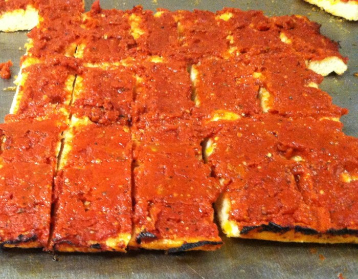 Rhode island style pizza strips aka bakery pizza