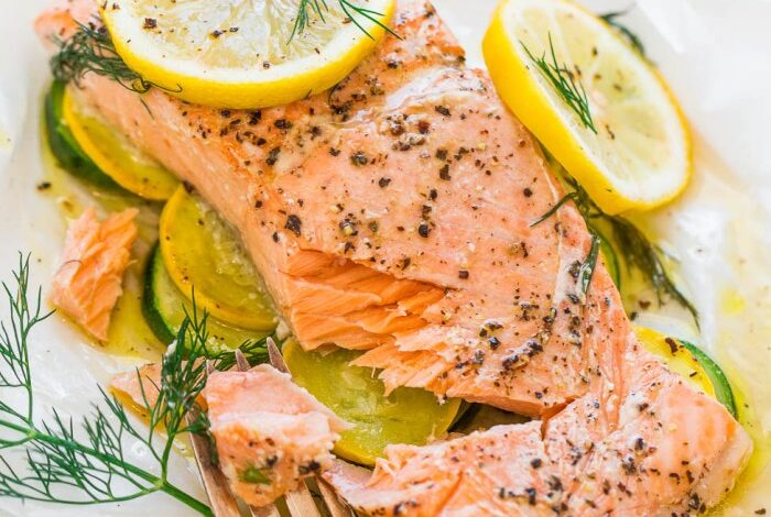 Poached salmon with lemon dill sauce