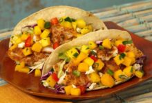 Healthy fish tacos with mango salsa