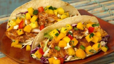 Healthy fish tacos with mango salsa