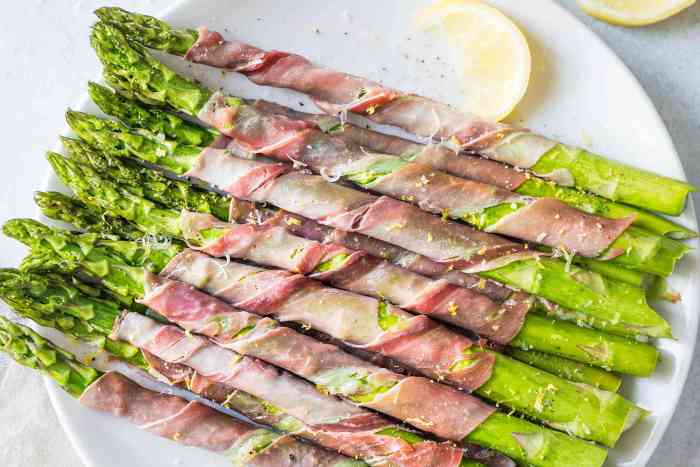 Asparagus wrapped in crisp prosciutto