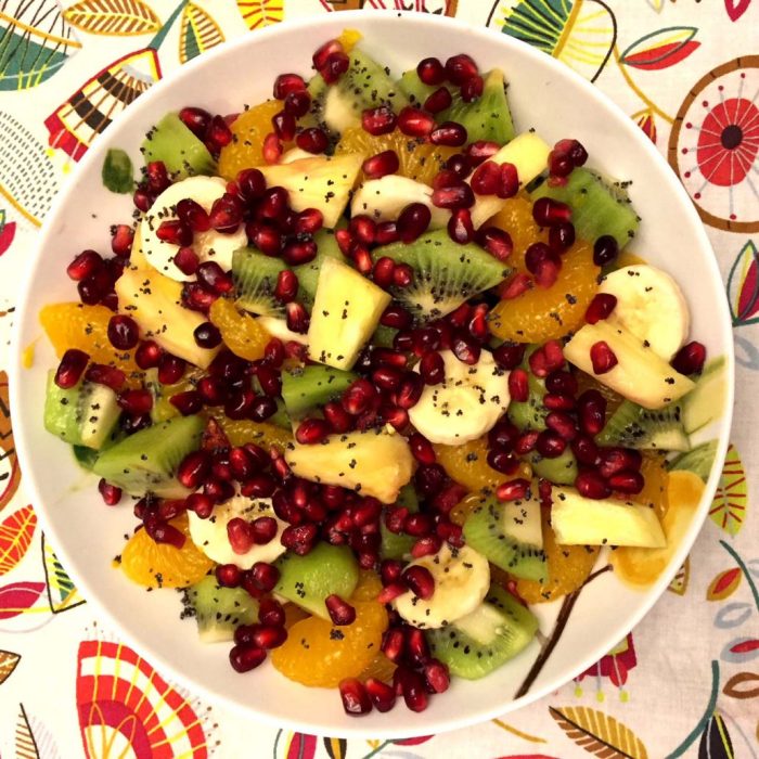 Winter fruit salad with lemon poppyseed dressing