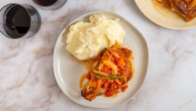 Pork chops with fresh tomato onion garlic and feta