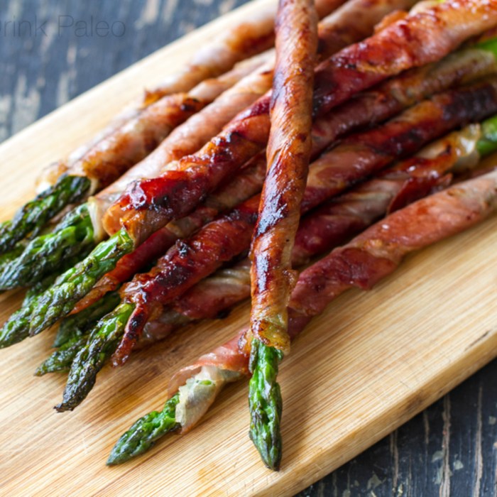 Asparagus wrapped in crisp prosciutto