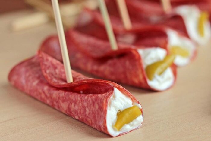 Salami cream cheese and pepperoncini roll ups