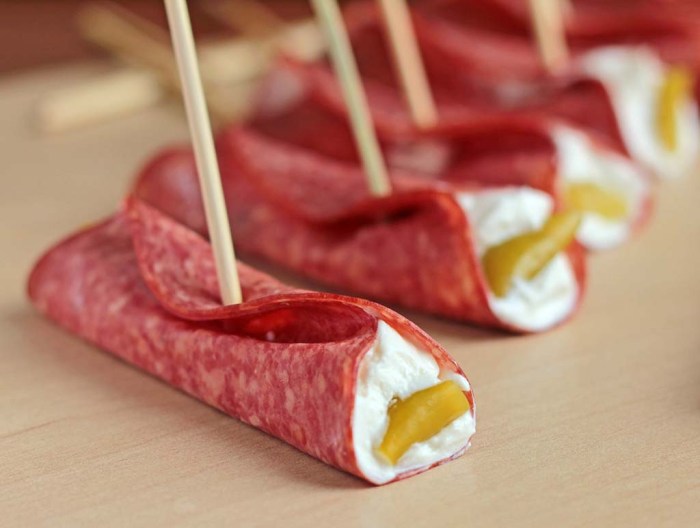 Salami cream cheese and pepperoncini roll ups