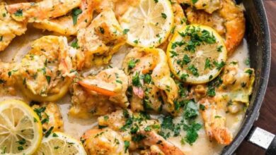 Shrimp francese over linguine