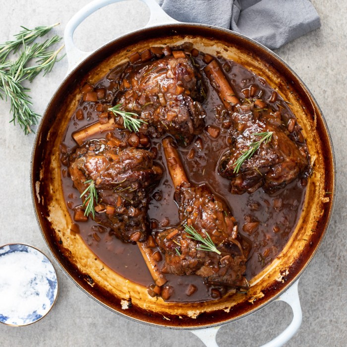 Lamb shank braised in white wine with rosemary