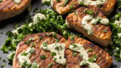 Tuna steaks with garlic herb cream sauce