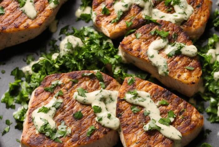 Tuna steaks with garlic herb cream sauce