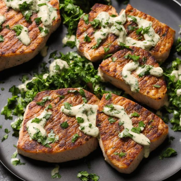 Tuna steaks with garlic herb cream sauce