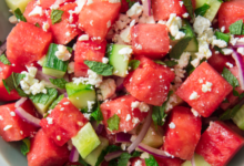 Watermelon and feta salad with arugula and spinach