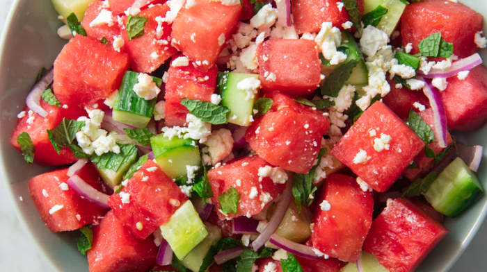 Watermelon and feta salad with arugula and spinach